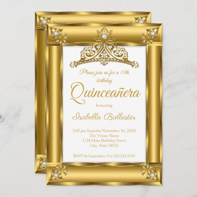Quinceanera 15-års födelsedag Guld Diamant Tiara 2 Inbjudningar (Fram/baksida)