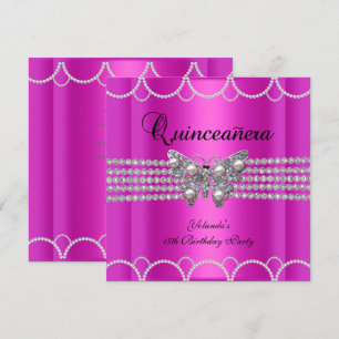 Quinceanera 15-års födelsedag Hot Pink Fjäril Pärl Inbjudningar