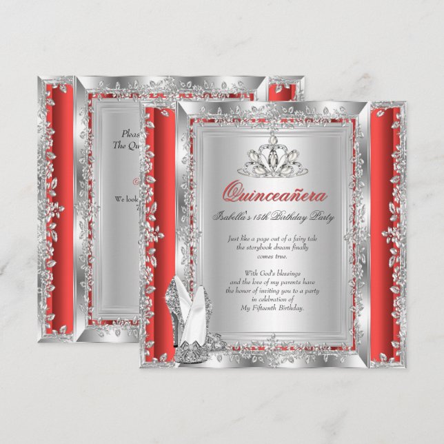 Quinceanera 15-års födelsedag röda silver skor inbjudningar (Fram/baksida)