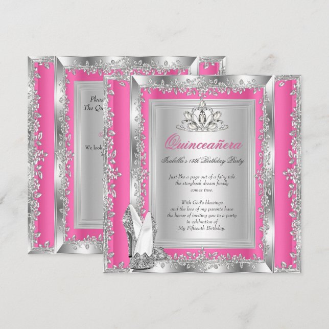 Quinceanera 15-års födelsedags godis rosa silver s inbjudningar (Fram/baksida)
