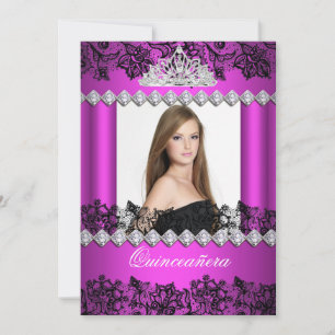 Quinceanera 15-års födelsedags Hot Pink Svart Vitt Inbjudningar