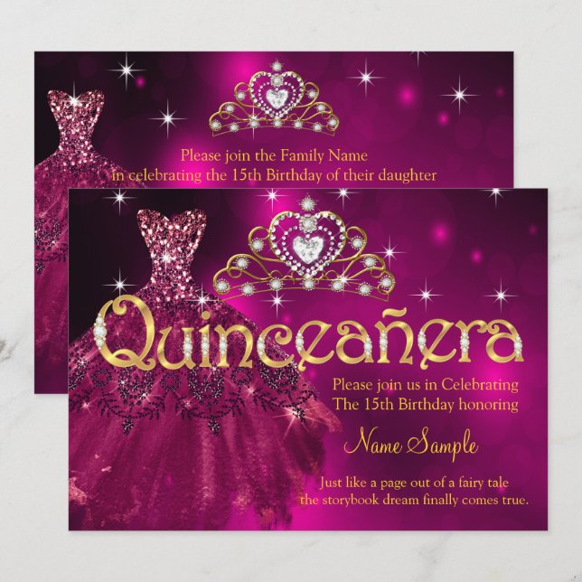 Quinceanera 15-års födelsedags plommon rosa klänni inbjudningar (Fram/baksida)