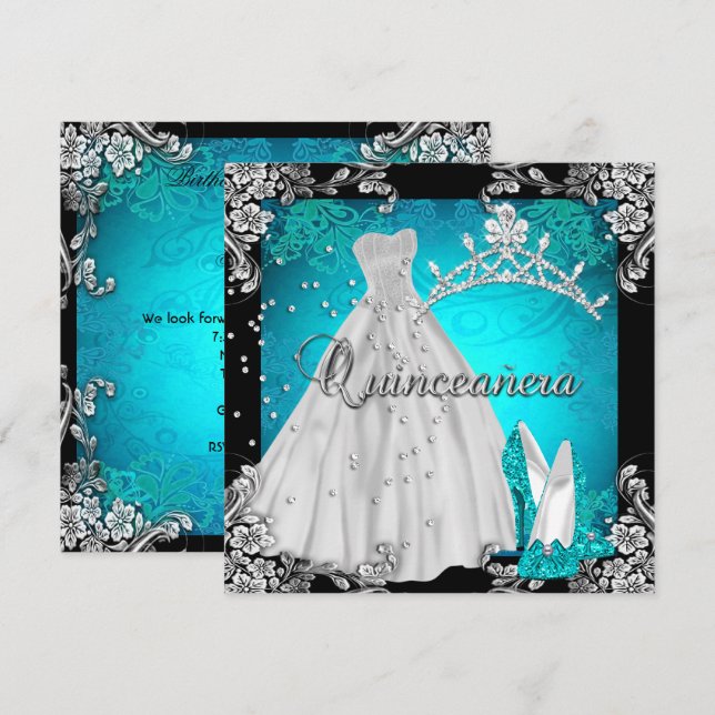 Quinceanera 15-års födelsedags tealdräktsklänning  inbjudningar (Fram/baksida)