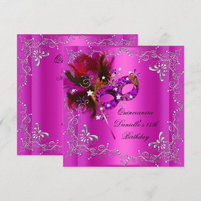 Quinceanera 15-års födelsedagsfest Masquerade Rosa Inbjudningar (Fram/baksida)