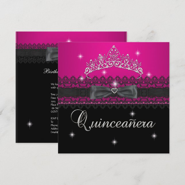 Quinceanera 15-års födelsedagsfest Rosa Svart Spet Inbjudningar (Fram/baksida)
