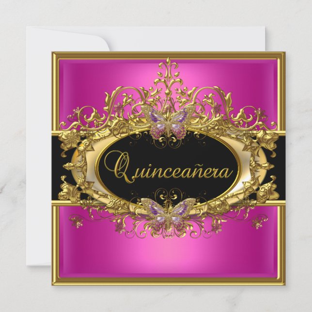 Quinceanera 15-års födelsedagskort Rosa Guld Svart Inbjudningar (Framsida)