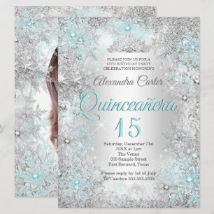 Quinceanera 15-års fotot Silver Tealblå Snöflinga Inbjudningar
