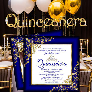 Quinceanera 15-års Guld Royal Blå Pärla Tiara Foto Inbjudningar