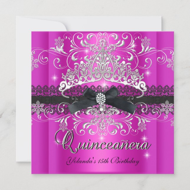 Quinceanera 15-års het rosa glittertiara silver inbjudningar (Framsida)