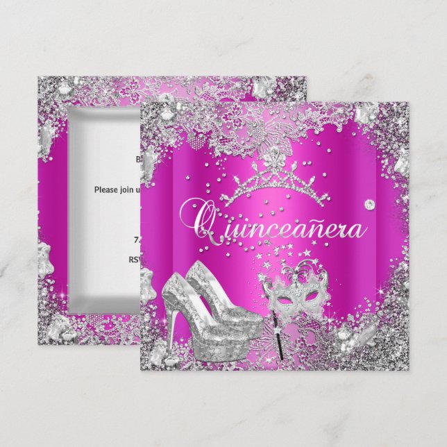 Quinceanera 15-års het rosa silvermask tiara inbjudningar (Fram/baksida)