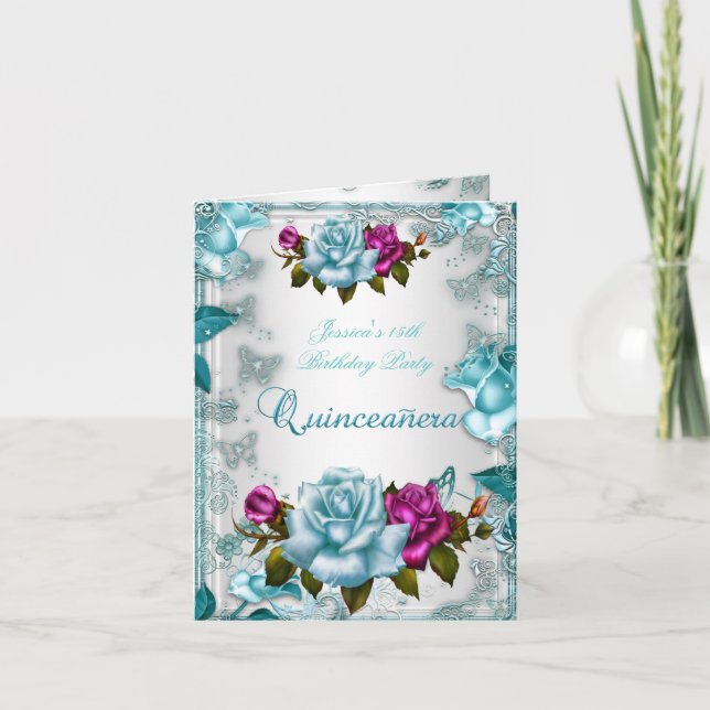 Quinceanera 15-års inbjudan Tealblå Vit Rosa Ros (Framsida)