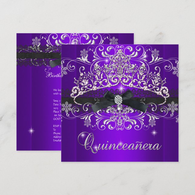 Quinceanera 15-års lila glittertiara svart rosett inbjudningar (Fram/baksida)