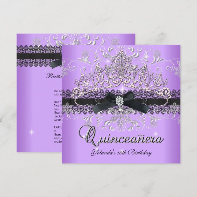 Quinceanera 15-års lila glittertiara svart rosett inbjudningar (Fram/baksida)