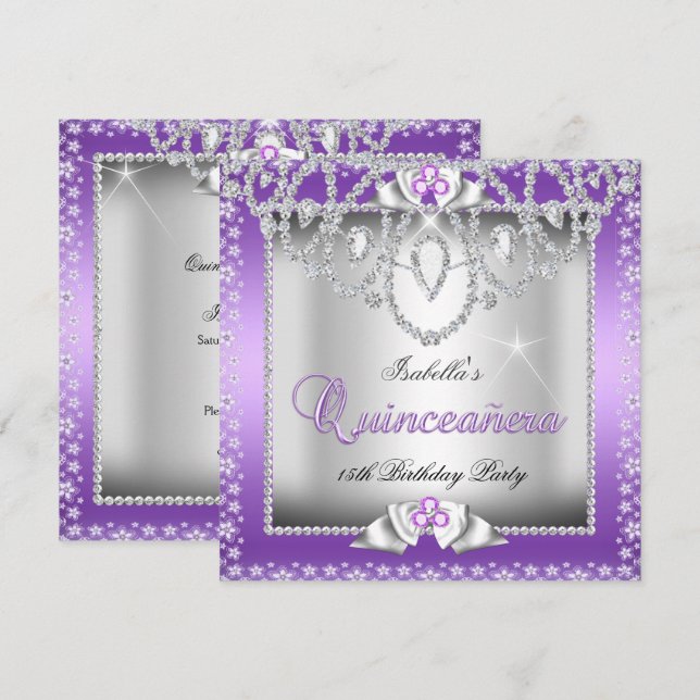 Quinceanera 15-års lila silver diamant tiara inbjudningar (Fram/baksida)