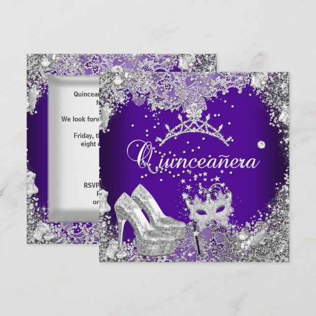 Quinceanera 15-års lila silvermask tiara inbjudningar (Fram/baksida)