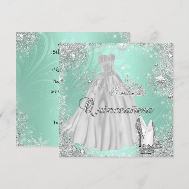 Quinceanera 15-års Mint Silver Födelsedagsfest Inbjudningar (Fram/baksida)