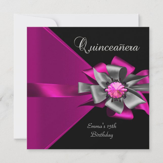 Quinceanera 15-års Pink Silver Svart Grå Båge 3 Inbjudningar (Framsida)
