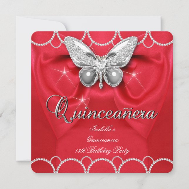 Quinceanera 15-års Röda Fjäril Pärl Party Inbjudningar (Framsida)