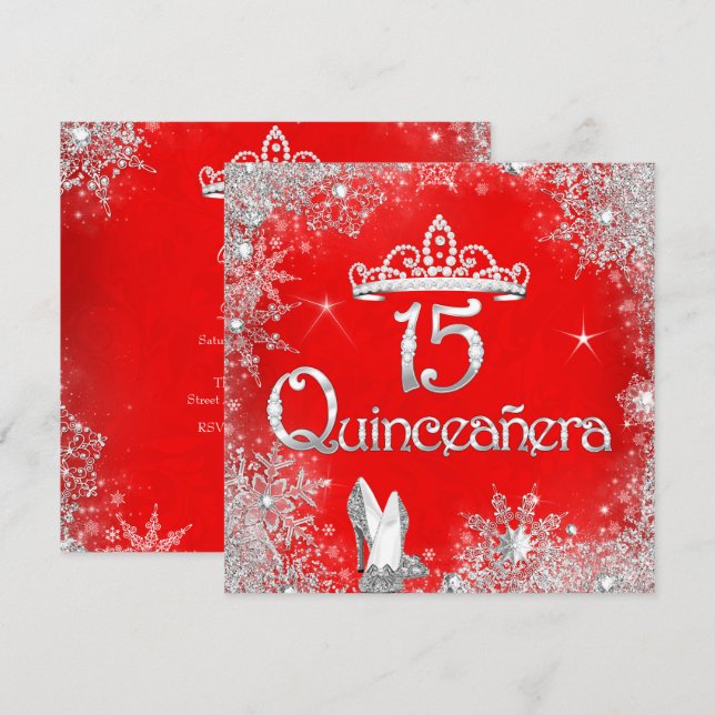 Quinceanera 15-års Röda Silver Snöflingor Fest 2 Inbjudningar (Fram/baksida)
