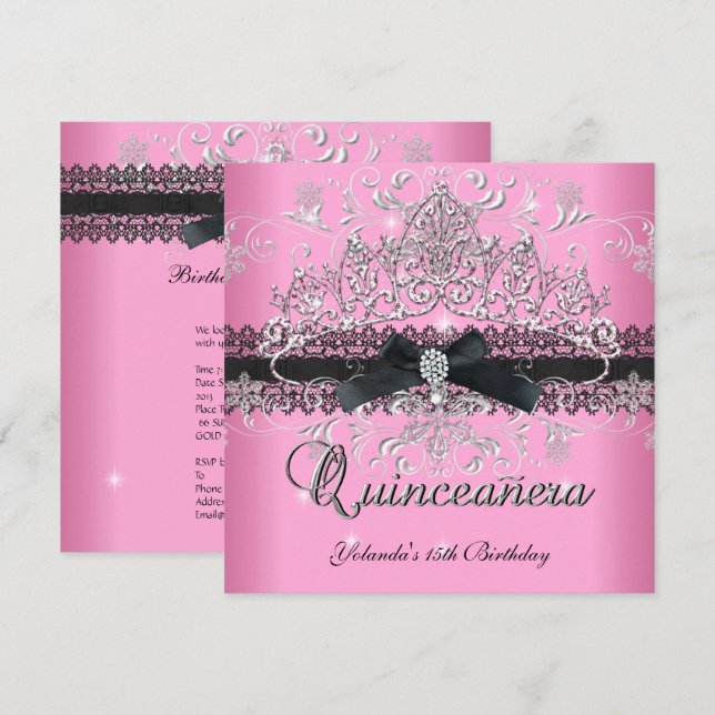 Quinceanera 15-års Rosa Glittertiara Svart Rosett Inbjudningar (Fram/baksida)