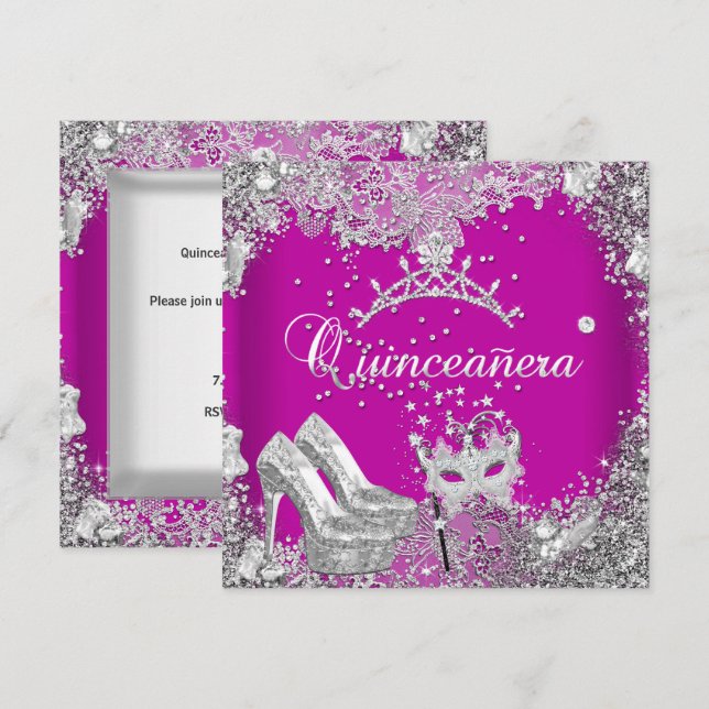 Quinceanera 15-års Rosa Plommon Silver Mask Tiara Inbjudningar (Fram/baksida)