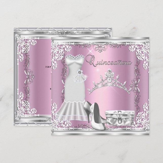 Quinceanera 15-års Rosa Silver Diamant Tiara Inbjudningar (Fram/baksida)