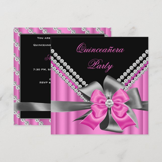 Quinceanera 15-års Rosa Silver Grå Slinga Diamante Inbjudningar (Fram/baksida)