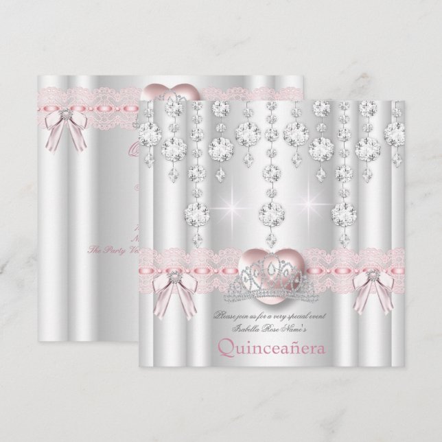 Quinceanera 15-års Rosa Silver Hjarta Diamanter 2 Inbjudningar (Fram/baksida)
