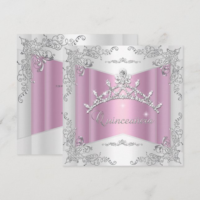 Quinceanera 15-års Rosa Vit Silver Tiara Inbjudningar (Fram/baksida)