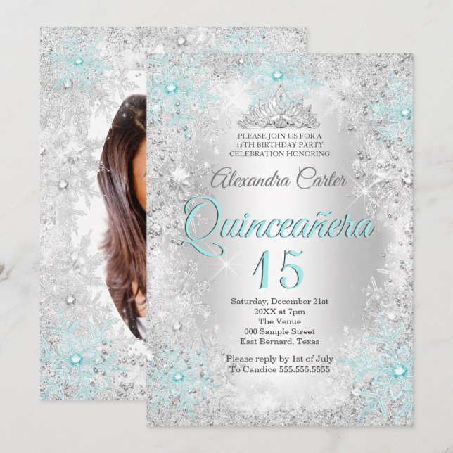 Quinceanera 15-års Silver Tealblå Snöflinga Foto Inbjudningar (Fram/baksida)