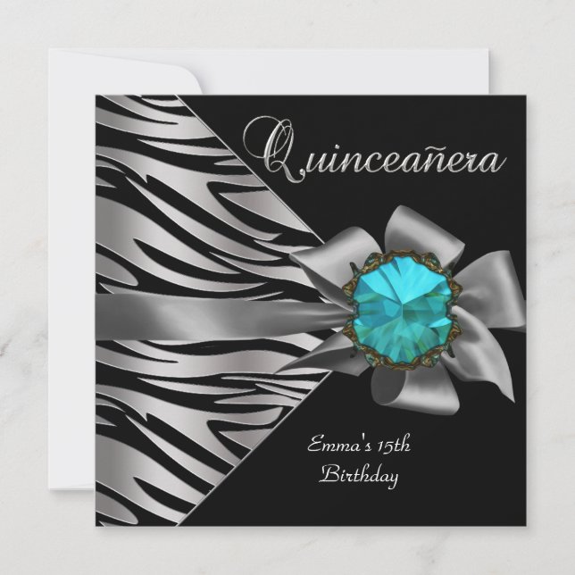 Quinceanera 15-års Silver Zebra Turkos Svart Grå S Inbjudningar (Framsida)