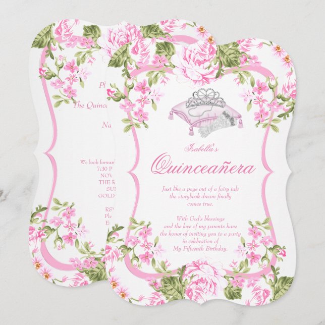 Quinceanera 15-års söta rosa rosor blommor inbjudningar (Fram/baksida)