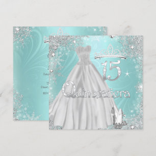 Quinceañera 15-års Teal Silver Snöflingor Födelsed Inbjudningar
