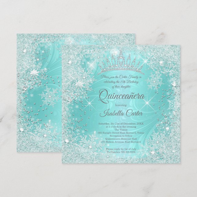 Quinceanera 15-års Teal Snöflinga Vinter Värld Inbjudningar (Fram/baksida)