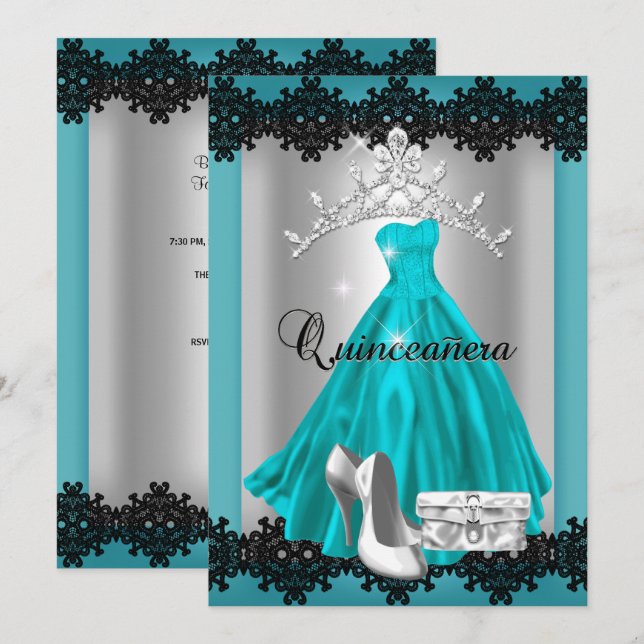 Quinceanera 15-års teal svart silver diamant tiara inbjudningar (Fram/baksida)