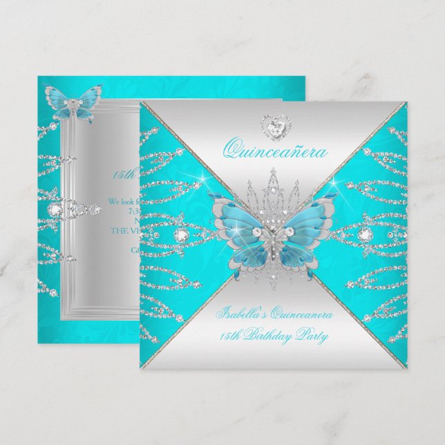 Quinceanera 15-års tealblå silver fjäril tiara inbjudningar (Fram/baksida)
