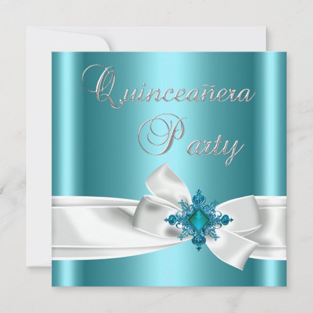 Quinceanera 15-års tealblå silver vit slinga inbjudningar (Framsida)
