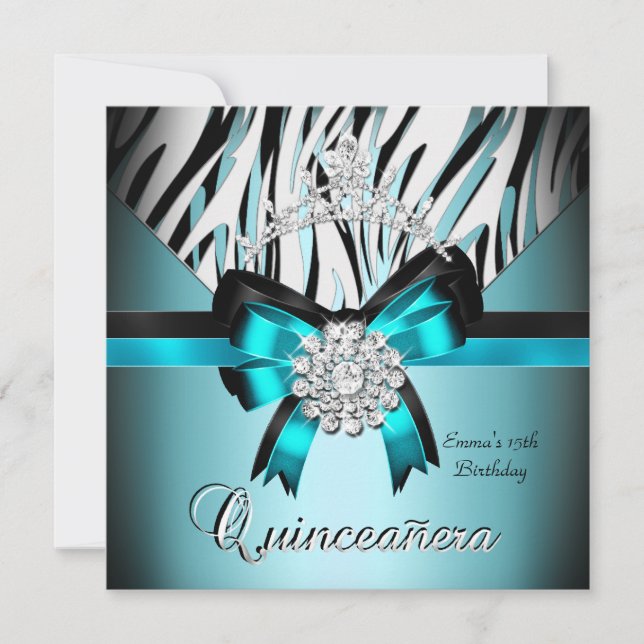 Quinceanera 15-års tealblå svart zebra silverbåge inbjudningar (Framsida)