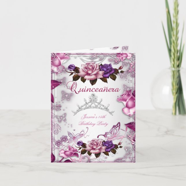 Quinceanera 15-års tiara vit rosa lila ros inbjudan (Framsida)