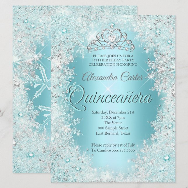 Quinceanera 15-års vacker silver turkos Snöflinga Inbjudningar (Fram/baksida)