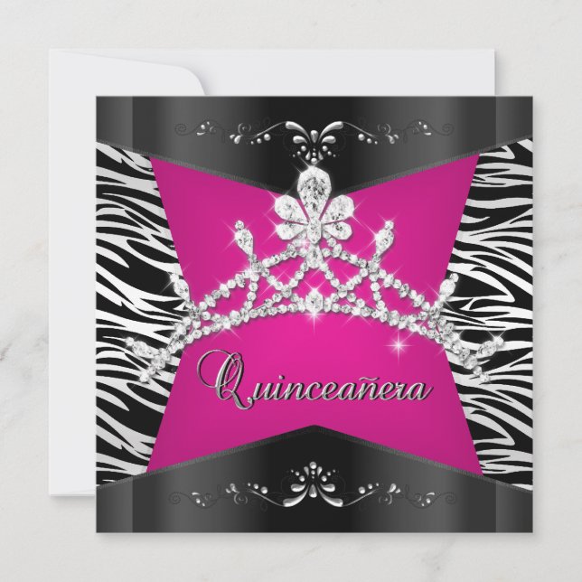 Quinceanera 15-års zebra rosa svart silver tiara inbjudningar (Framsida)