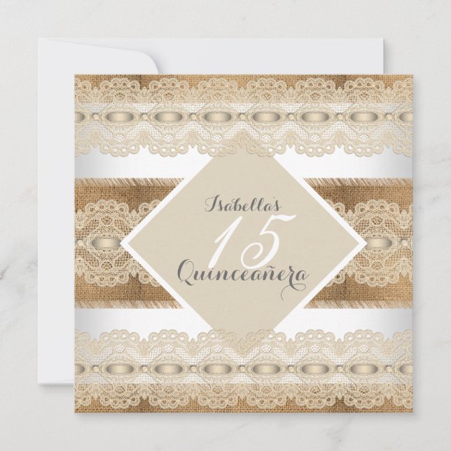 Quinceanera 15-årsdag beige spets burlap 2 inbjudningar (Framsida)