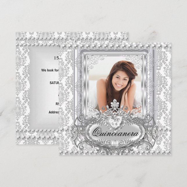 Quinceanera 15-årsdag Damaskus Silver Vitt Inbjudningar (Fram/baksida)