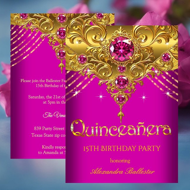 Quinceanera 15-årsdag Exotisk Fuchsia Rosa Guld Inbjudningar (Skapare uppladdad)