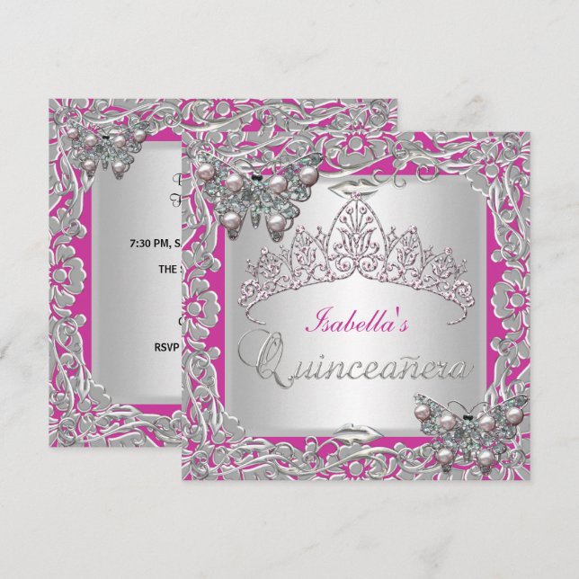 Quinceanera 15-årsdag Fjärilar Silver Rosa Inbjudningar (Fram/baksida)