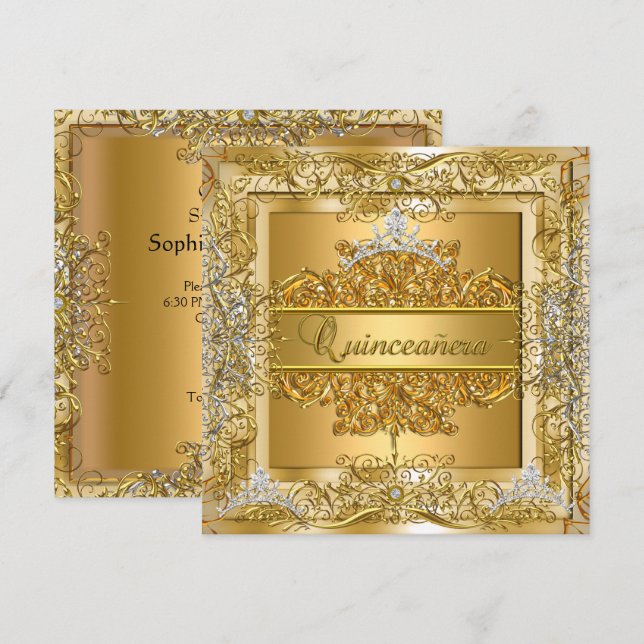 Quinceañera 15-årsdag Guld Silver Tiara Inbjudningar (Fram/baksida)