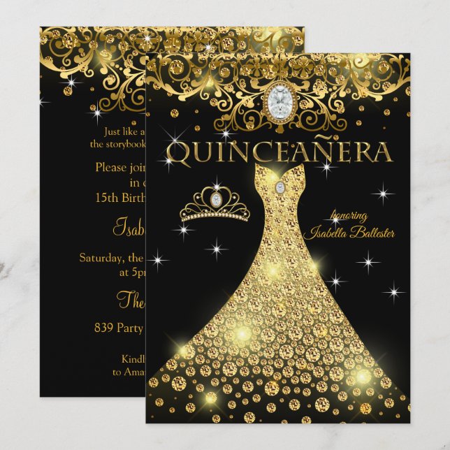 Quinceanera 15-årsdag Guld Svart Tiara Inbjudningar (Fram/baksida)