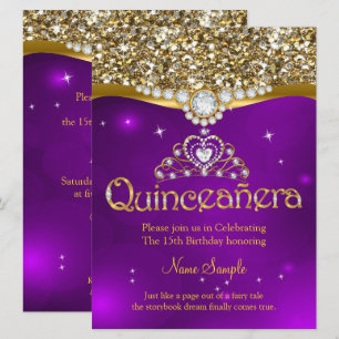 Quinceanera 15-årsdag Lila glitter Guld Inbjudningar