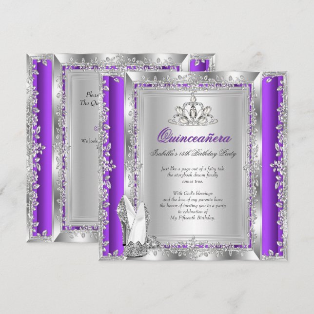 Quinceanera 15-årsdag Lila Silver Skor Inbjudningar (Fram/baksida)