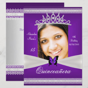 Quinceañera 15-årsdag Lila Vit Spets Foto Inbjudningar